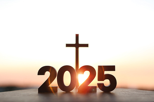 2025 New Year brightly rising sun sunrise and sunset, the holy cross of Jesus Christ, church faith and belief background