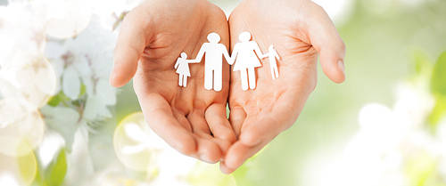 people, values ​​and happiness concept-close up of man cupped hands showing paper family cutout over green natural background