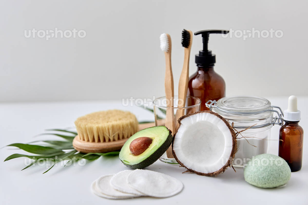 beauty, sustainability and eco living concept - natural cosmetics, bodycare and hygienic eco products on white background