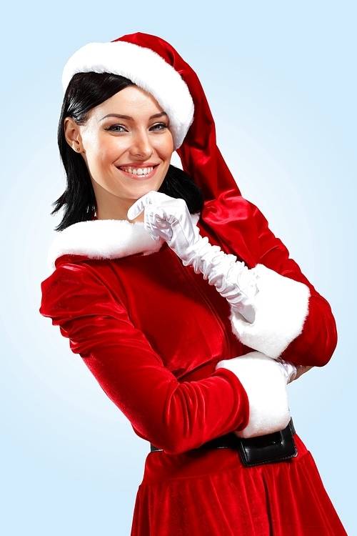 Santa Girl presenting your product|in costume and white gloves