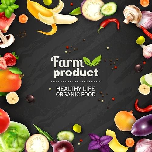 Farm product typographic poster with black chalkboard background and color decorative frame composed of fruits and vegetables signs advertising healthy organic food vector illustration
