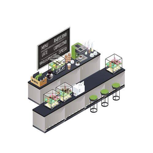 Coffee bar stand isometric composition with coffee brewer black board cups varieties box and sweet cakes vector illustration