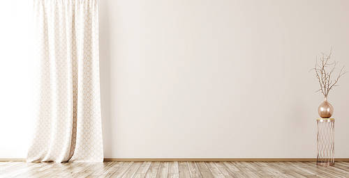 Empty interior background, room with beige wall, vase with branch and window 3d rendering