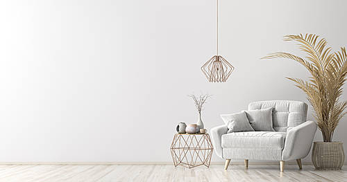 Interior of living room with coffee table and white armchair, home design 3d rendering