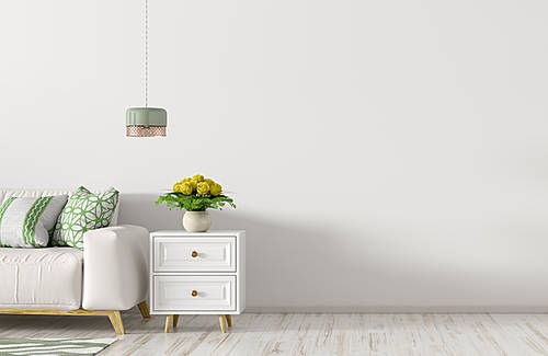 Modern interior of living room with white sofa, cabinet and light against white wall with copy space 3d rendering