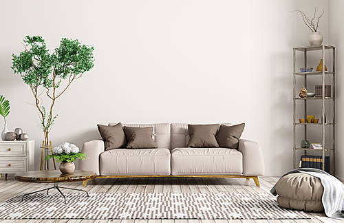 Modern interior of apartment, living room with beige sofa, coffee table, rug and shelf 3d rendering