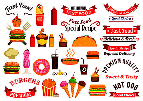 Fast food emblems, advertising express delivery ribbons. Vector icons of cheeseburger, sandwich, hot dog, pizza, french fries, hamburger, tacos, coffee, soda, muffin, ice cream, chef toque milkshake ketchup mustard chicken nuggets