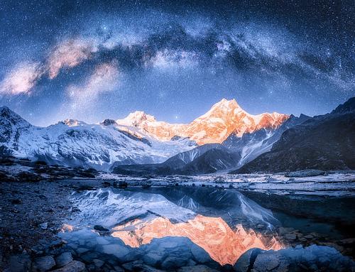 Milky Way over snowy mountains and lake at night. Landscape with snow covered high rocks, starry sky, reflection in water in Nepal. Sky with stars. Bright milky way in Himalayas. Space and nature