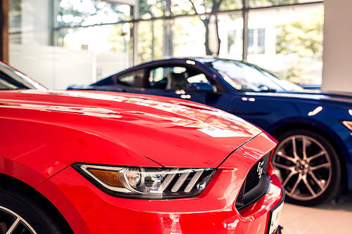 Red and blue cars on display at a car store