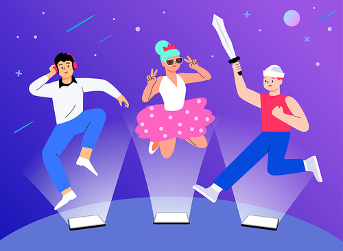 Virtual reality, VR, virtual world, avatar, metaverse, and game characters are wearing items and enjoying the online world
