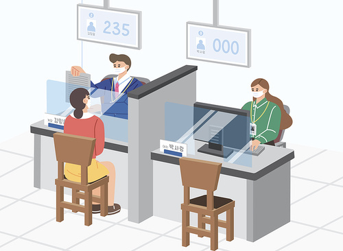 Two bank employees wearing medical masks and one customer keep partition distance vector isometric