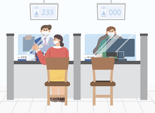 Two bank employees wearing medical masks, one customer, a divider vector
