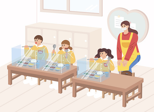 Daycare center lunch break 1 teacher wearing medical mask 3 children lunch divider distance vector isometric