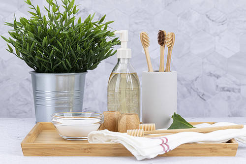 Zero Waste-Baking soda on a wooden tray, bamboo toothbrush, bamboo toothbrush holder, body oil, and flower pots