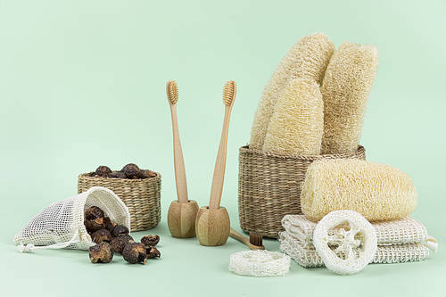 Zero Waste-Plants and wooden baskets, softnuts in linen pockets, bamboo toothbrushes in bamboo toothbrush holders, natural scrubbers in wooden baskets