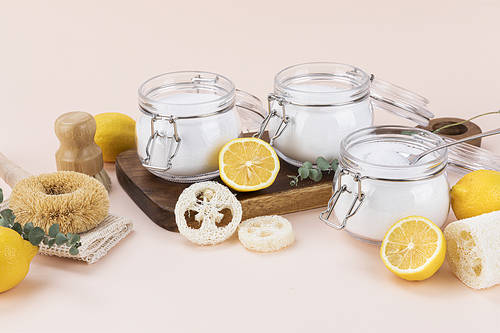 Zero Waste - Glass bottle and iron spoon with bamboo cleaning brushes, natural loofahs and lemon and citric acid powder, baking soda and soda percarbonate powder on wooden chopping board
