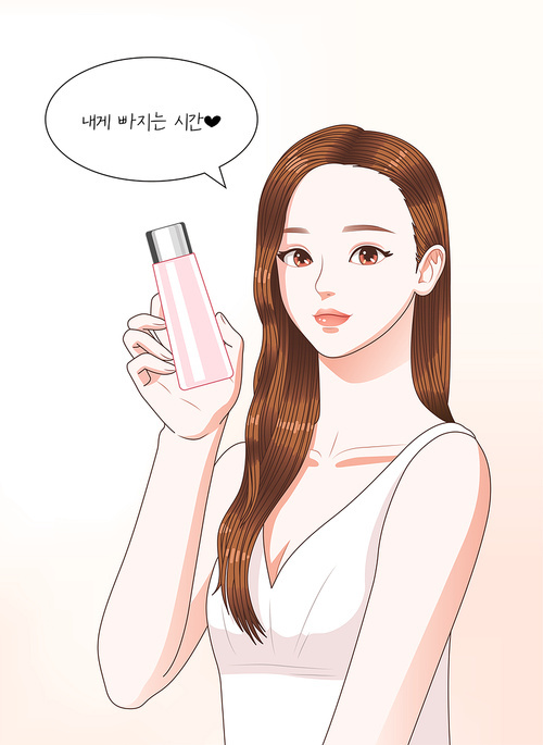 Beauty basic makeup young woman in a dress cosmetic advertisement speech bubble webtoon cartoon style vector illustration