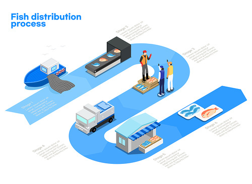Isometric vector step-by-step process introducing fisheries ship classification wholesaler auction shipping retailer packaging sales