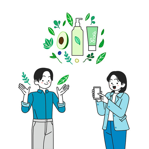 Beauty supplies event Vector illustration of two men and women guiding about the event on their smartphones