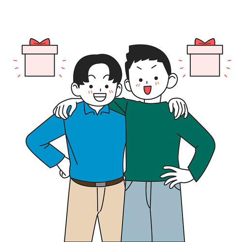 Shopping event vector illustration with two men shoulder-to-shoulder