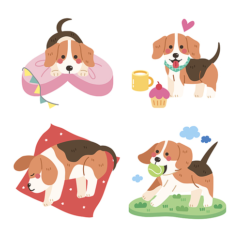 Dog Beagle Type Various Actions Daily Routine Vector Illustration