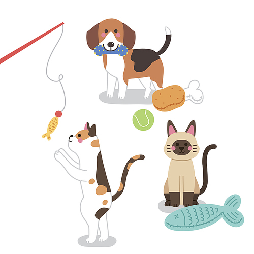 Vector illustration of playing with various kinds of dog and cat toys
