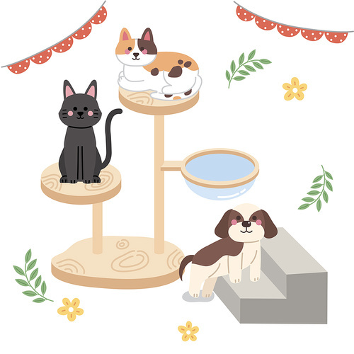 Different types of dogs and cats resting place vector illustrations