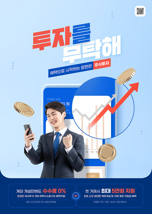 A mobile investment poster with a happy man in front of a mobile with an enlarged upward graph