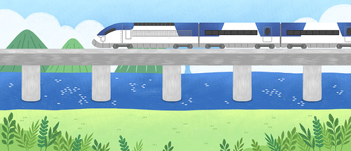 Illustration of a railroad day legal anniversary with a train running on the bridge