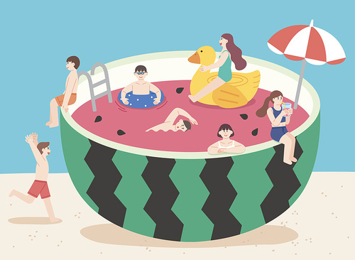 A man and woman enjoying a large watermelon like a swimming pool vector illustration
