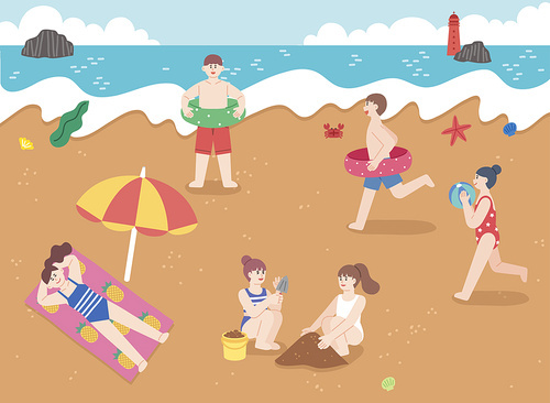 Man and woman enjoying summer sea beach vector illustration