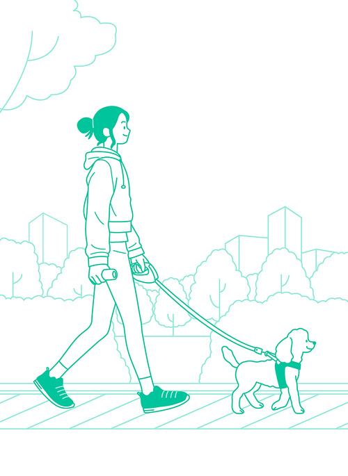 A woman walking with a dog on a park promenade vector illustration