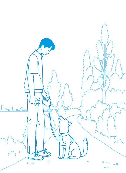 Vector illustration of a man walking with a dog on a park promenade