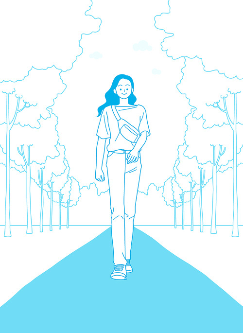 Vector illustration of a woman walking on a park promenade