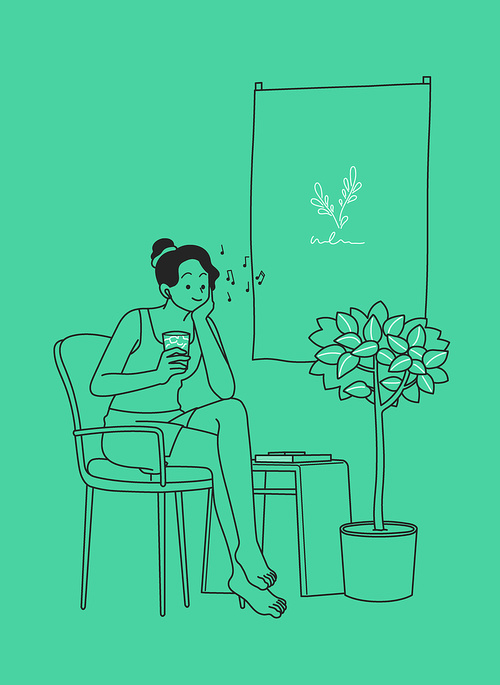 A woman drinking ice coffee while listening to music while sitting on a chair at home vector illustration