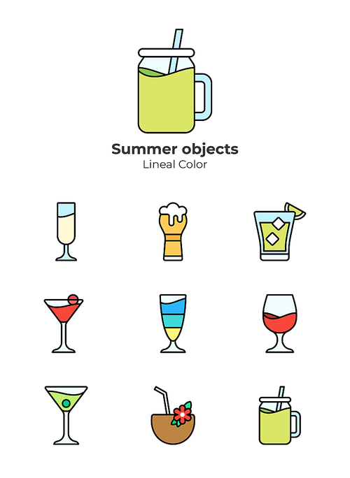 Different types of cocktails and drinks objects vector set icons