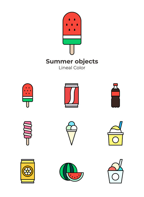 Various types of ice cream drinks fruit objects vector set icons