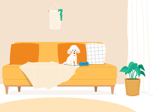 Vector illustration of an indoor space with a dog sitting on the sofa