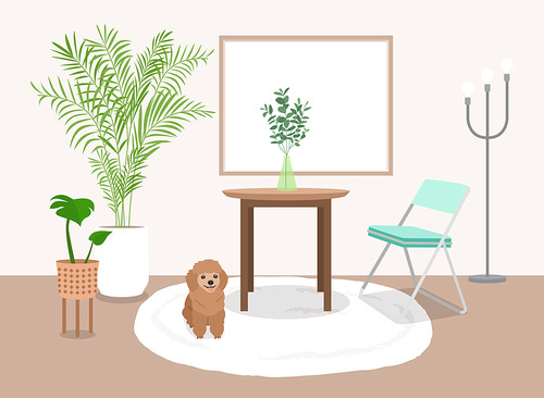 Vector illustration of a dog looking at its owner in an indoor space with a desk and chair