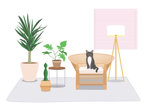 Vector illustration of a cat sitting on a sofa in an indoor space with potted plants