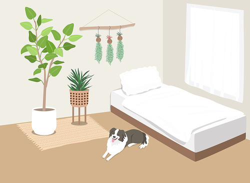 Vector illustration of a dog sitting on the floor in an indoor space with a bed