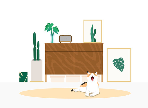 Vector illustration of a cat yawning in an indoor space with drawers and picture frames