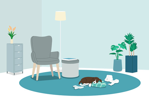 Vector illustration of an indoor space with a dog sleeping on a cushion