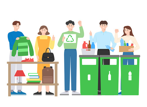 Zero waste, sharing of unnecessary items, paying attention to recycling and separate disposal, minimizing waste vector illustration