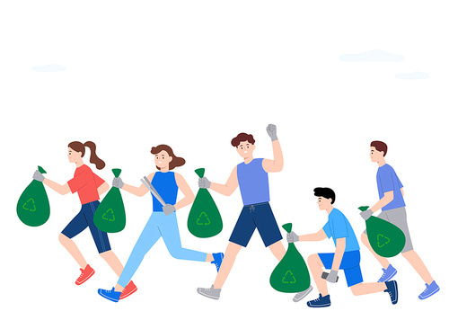 Vector illustration of people picking up trash while running in the city center