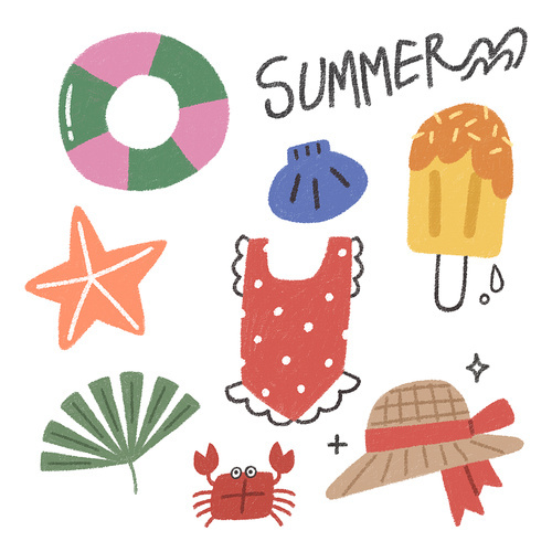 tube shellfish starfish swimsuit ice cream crab hat object vector illustration