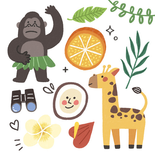 gorilla orange palm tree binoculars giraffe flower tropical plant object vector illustration