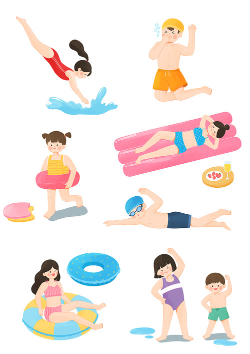 Illustration of various scenes such as summer swimming pool diving diving