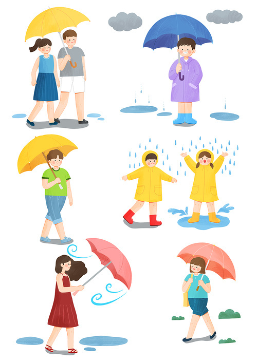 Illustration of a scene in the summer rainy season holding an umbrella and wearing a raincoat