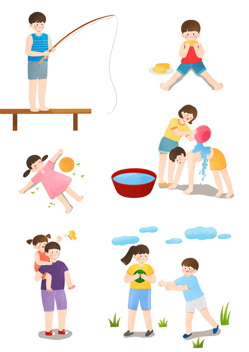 Illustrations of everyday scenes of people in the summer heat